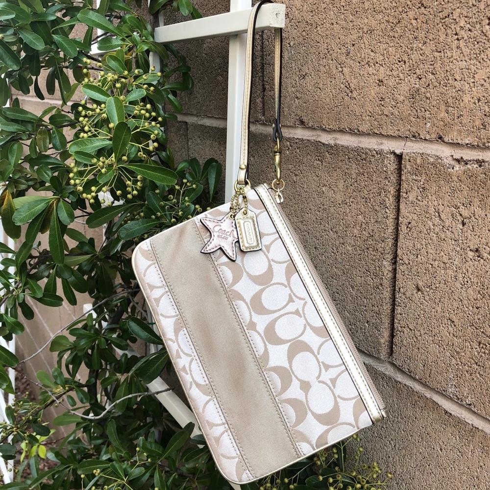 Coach Metallic Gold and Satin Monogram Wri…